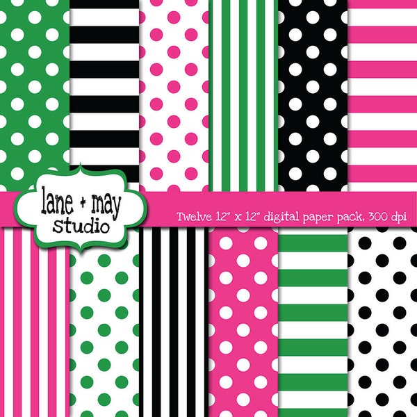 digital scrapbook papers - black, white, hot pink and kelly green polka dot and stripe patterns - INSTANT DOWNLOAD