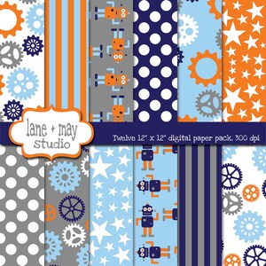digital scrapbook papers - mr. robot and gears in orange, blue and gray - INSTANT DOWNLOAD