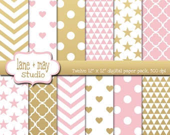 scrapbook Digital papers - patrons dot, chevron, coeur et étoile rose et or à pois - téléchargement immédiat