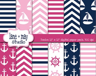 digital scrapbook papers - pink and navy blue nautical theme patterns - INSTANT DOWNLOAD
