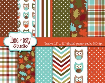 digital scrapbook papers - aqua blue, brown, green and orange fall leaf and owl patterns - INSTANT DOWNLOAD