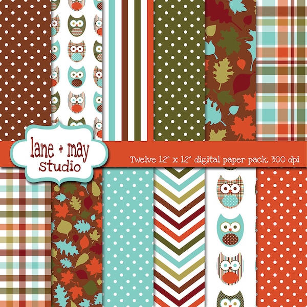 digital scrapbook papers - aqua blue, brown, green and orange fall leaf and owl patterns - INSTANT DOWNLOAD