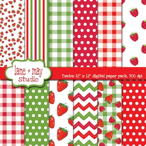 May include: Twelve 12-inch by 12-inch digital paper designs in a pack. The designs feature a variety of patterns including red and green gingham, red and white polka dots, red and white stripes, and strawberries and raspberries on a white background.