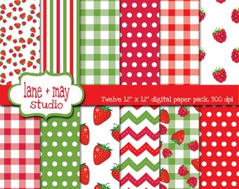 patrones de picnic frambuesa fresa - papeles de scrapbook digital - descarga instantánea