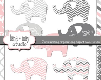 pink and gray elephant themed digital scrapbook clipart - INSTANT DOWNLOAD