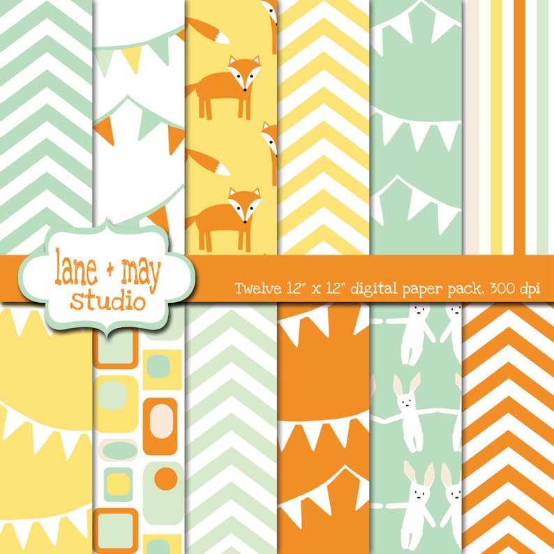 digital papers mint green, orange and yellow fox and bunny patterns INSTANT DOWNLOAD image 1