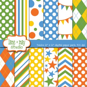 digital scrapbook papers - green, blue, yellow and orange argyle, polka dot, stripe, bunting and star patterns - INSTANT DOWNLOAD