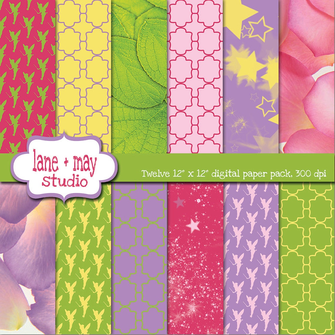 Tinkerbell Fairy Theme Patterns Digital Scrapbook Papers Etsy