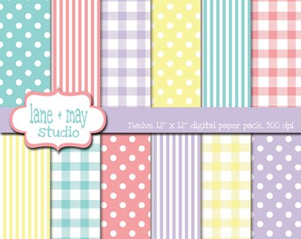 digital scrapbook papers - pastel pink, purple green and yellow polka dot, gingham and stripe patterns - INSTANT DOWNLOAD