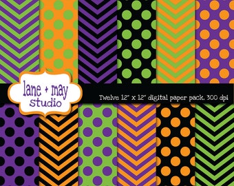 digital scrapbook papers - orange, black, purple and green polka dot and chevron halloween theme patterns - INSTANT DOWNLOAD