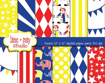 digital scrapbook papers - red, blue and yellow circus theme patterns 1 - INSTANT DOWNLOAD