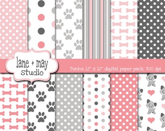 papiers de scrapbooking Digital - modèles de thème chien chiot rose et gris - téléchargement immédiat