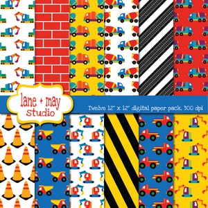 Digital scrapbook papers - modelli di veicolo di costruzione rosso, arancione, giallo, verde, blu, viola e nero - DOWNLOAD immediato