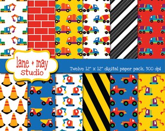 digital scrapbook papers - red, orange, yellow, green, blue, purple and black construction vehicle patterns - INSTANT DOWNLOAD