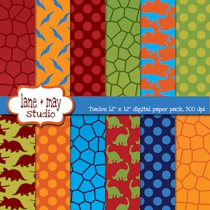 digital scrapbook papers - red, blue, orange and green dinosaur theme patterns - INSTANT DOWNLOAD