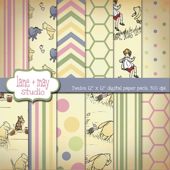 digital scrapbook papers - classic winnie the pooh theme - INSTANT DOWNLOAD