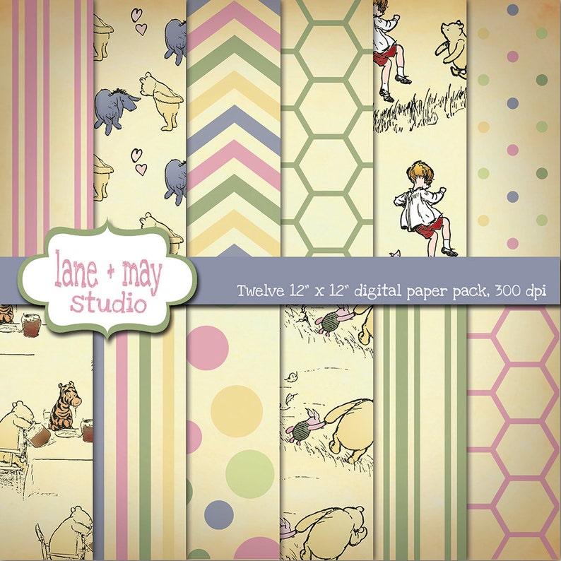 May include: Twelve 12-inch by 12-inch digital paper designs featuring Winnie the Pooh and Piglet characters in various scenes. The papers include a variety of patterns, including stripes, polka dots, chevron, and honeycomb.
