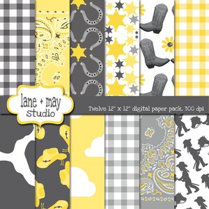 May include: A digital paper pack with 12 different patterns in yellow and gray. The patterns include cowboys, horseshoes, stars, paisley, and gingham. The text "Twelve 12" x 12" digital paper pack, 300 dpi" is at the bottom of the image.