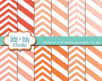 digital scrapbook papers - coral pink / orange and white chevron in two sizes - INSTANT DOWNLOAD