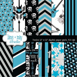 papeles digitales - fiesta azul, negro y gris como una estrella de rock - DESCARGA INSTANTE