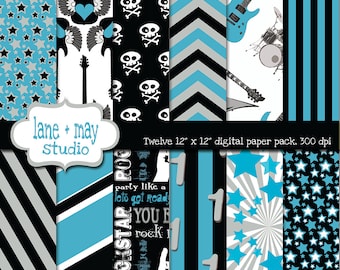 digital papers - blue, black and gray party like a rockstar - INSTANT DOWNLOAD