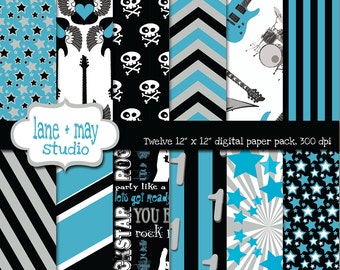 digital papers - blue, black and gray party like a rockstar - INSTANT DOWNLOAD