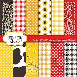 Könnte beinhalten: Ein digitales Papierpaket mit zwölf Designs im Format 30,5 cm x 30,5 cm. Die Designs umfassen gelbe Punkte, rot-weißes Gingham, gelb-weißes Gingham, schwarz-weißes Gingham, einen gelben Bandana-Druck, einen braunen und weißen Kuhdruck, einen Sonnenblumendruck und einen roten Bandana-Druck.
