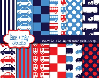 digital scrapbook papers - red, blue and navy cars, trucks and buses - INSTANT DOWNLOAD