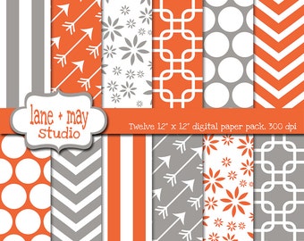 digital scrapbook papers - orange and gray patterns - INSTANT DOWNLOAD