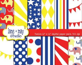 digital scrapbook papers - red, blue and yellow circus theme patterns 2 - INSTANT DOWNLOAD