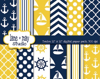digital scrapbook papers - yellow and navy blue nautical - INSTANT DOWNLOAD