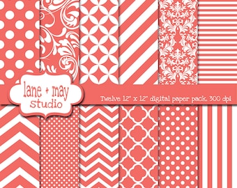 digital scrapbook papers - coral pink and white patterns - variety pack - INSTANT DOWNLOAD