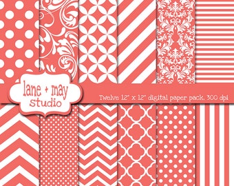 digital scrapbook papers - coral pink and white patterns - variety pack - INSTANT DOWNLOAD