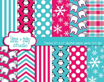 digital papers - hot pink and aqua blue penguin and polar bear patterns - INSTANT DOWNLOAD