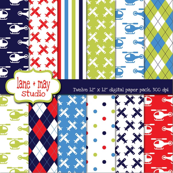 digital scrapbook papers - blue, green, red and navy airplane and helicopter - INSTANT DOWNLOAD