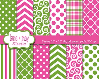 digital scrapbook papers - hot pink and green patterns - INSTANT DOWNLOAD