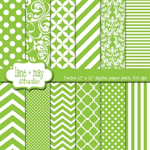 digital scrapbook papers - lime green and white patterns - variety pack - INSTANT DOWNLOAD