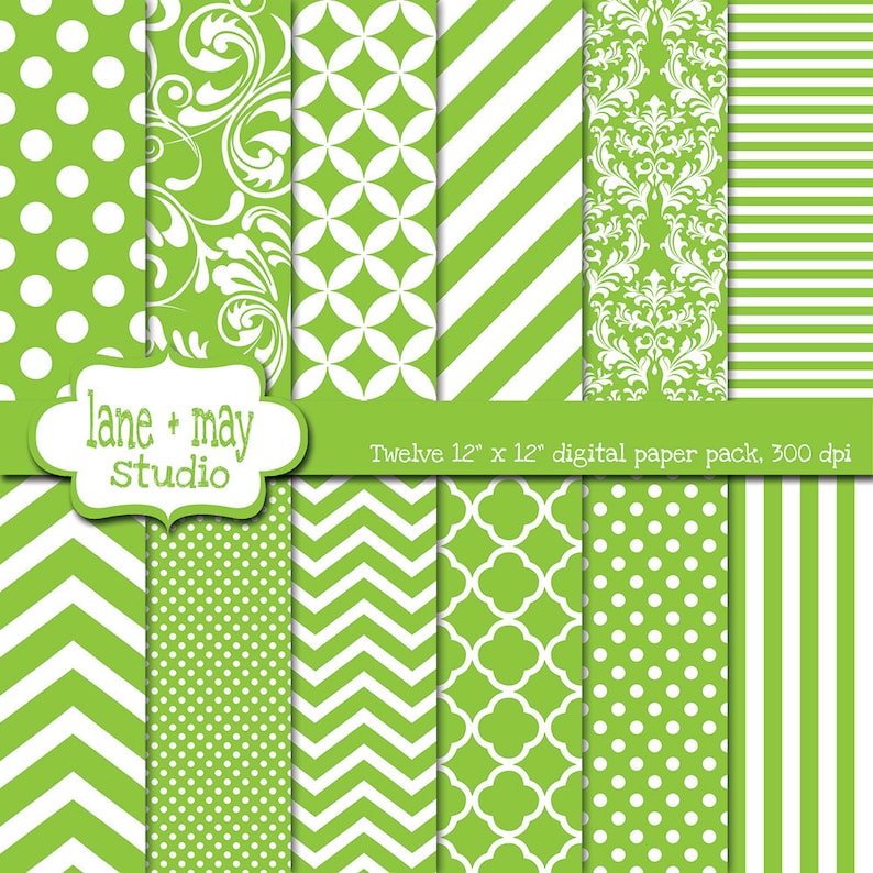Digital Scrapbook Papers Lime Green and White Patterns Variety Pack