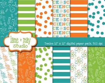 digital papers - science party theme patterns in orange, aqua blue and green - INSTANT DOWNLOAD