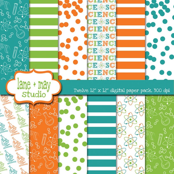digital papers - science party theme patterns in orange, aqua blue and green - INSTANT DOWNLOAD