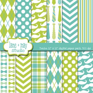 Digital Scrapbook-Papiere - Aqua blau und grün kleiner Mann / Schnurrbart Themen - INSTANT DOWNLOAD