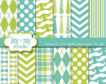 digital scrapbook papers - aqua blue and green little man / mustache themed - INSTANT DOWNLOAD