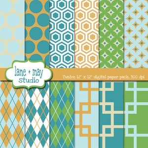 digital scrapbook papers - blue, green and orange geometric patterns - INSTANT DOWNLOAD