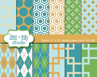 digital scrapbook papers - blue, green and orange geometric patterns - INSTANT DOWNLOAD
