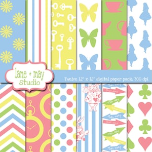 digital scrapbook papers - pastel alice in wonderland patterns - INSTANT DOWNLOAD