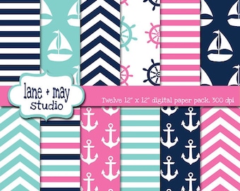 carte per album digitali - modelli a tema nautico rosa, blu acqua e blu scuro - DOWNLOAD immediato