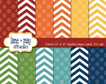 digital scrapbook papers - classic rainbow polka dots and chevron patterns - INSTANT DOWNLOAD