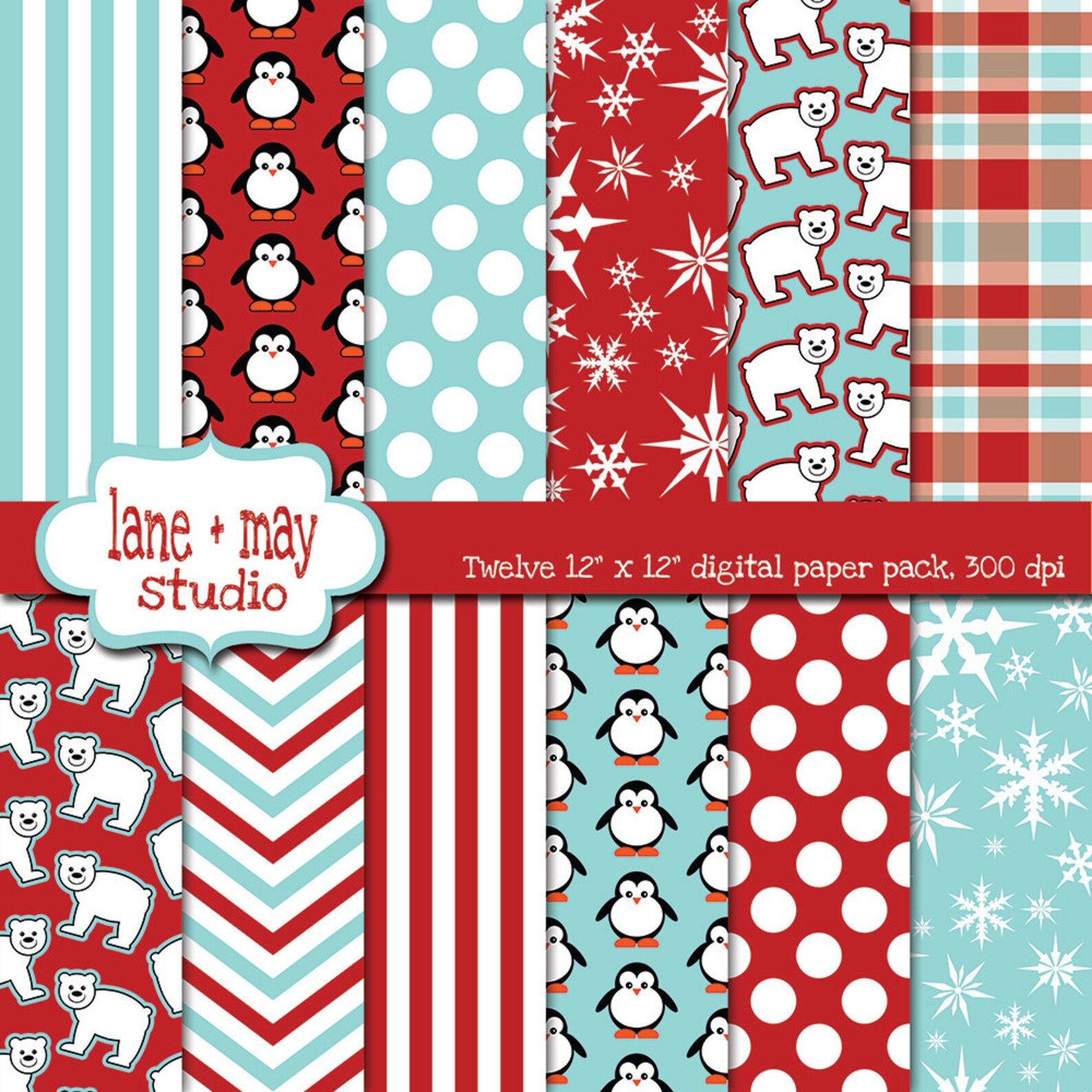 Digital Papers Red And Aqua Penguin And Polar Bear Patterns Etsy