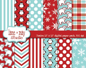 digital papers - red and aqua penguin and polar bear patterns - INSTANT DOWNLOAD