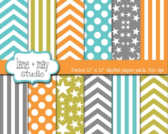 digital scrapbook papers - orange, blue, green and gray chevron, stars, stripes and polka dots - INSTANT DOWNLOAD